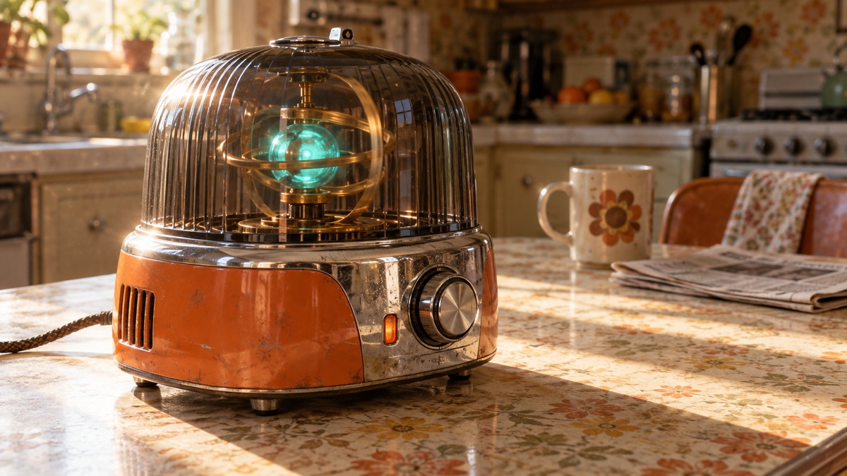 A surprising orange and chrome countertop gadget under a glass dome